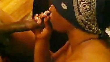 Blindfolded black wife gets cum on her mouth